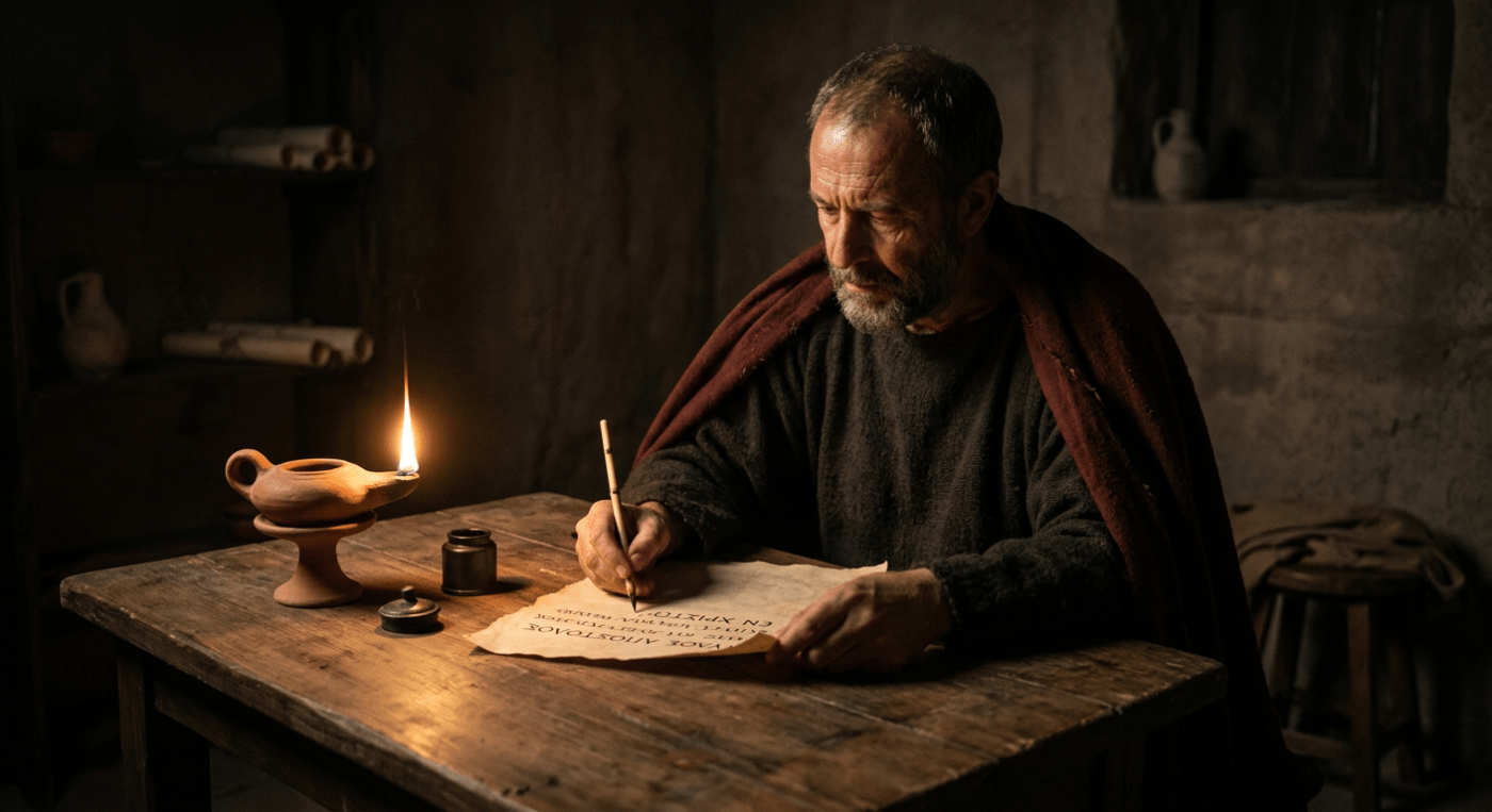 Man writing on parchment with quill near oil lamp