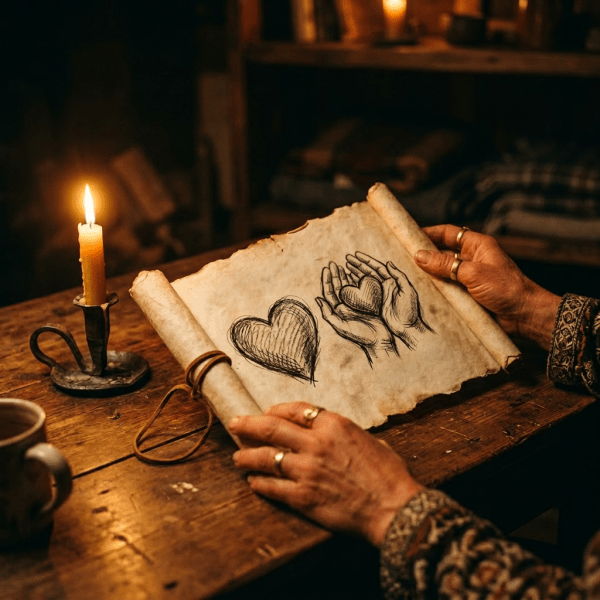 Aged parchment with sketches of a heart and hands holding a heart, labeled 'HEART HANDS SKETCHES'