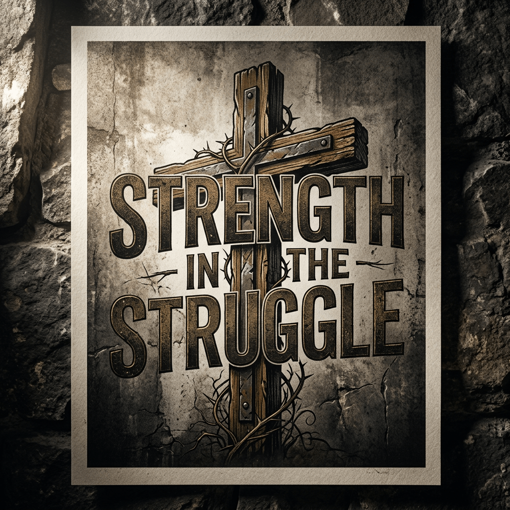 Wooden cross wrapped with thorns and text saying Strength in the Struggle