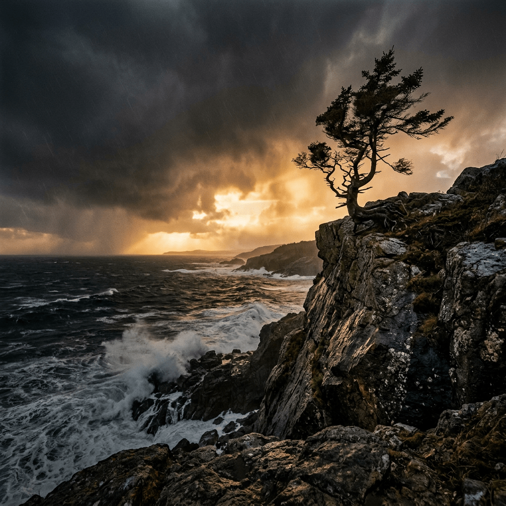 Windblown tree on rocky cliff above rough sea with stormy clouds and sunset light